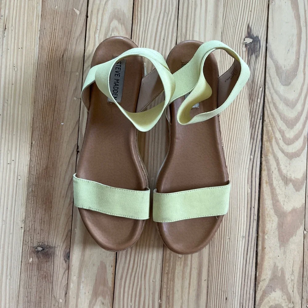 Steve Madden Elba‎ Lime Yellow Elastic Platform Cork Wedge Sandals 7.5M ELBA01S1